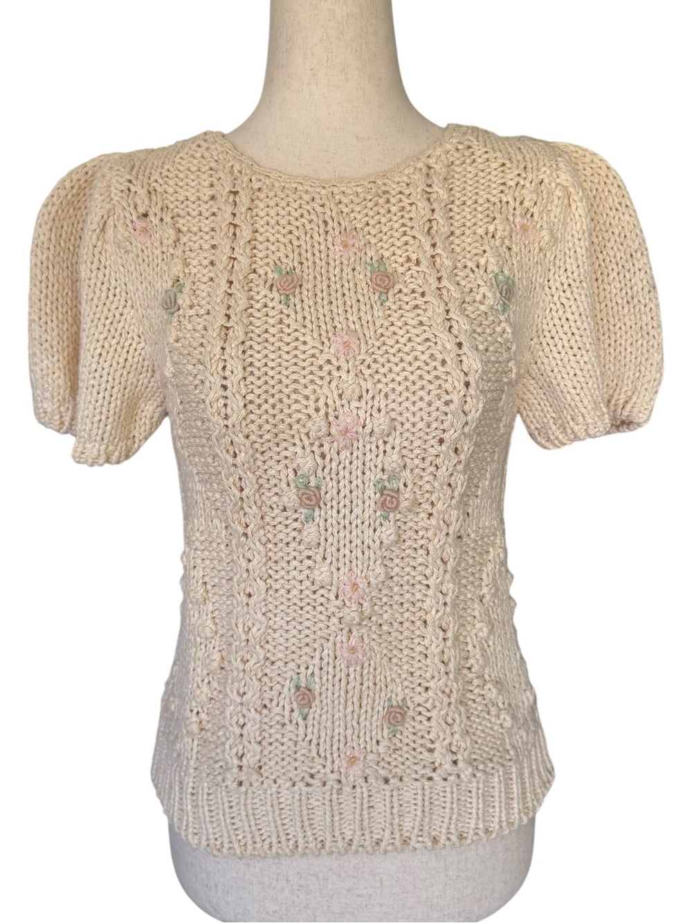 Vintage 80s Hand Knit Sweater Floral Embroidery Puff Sleeve Coquette Cottage